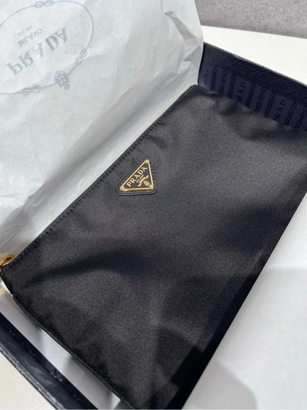 Prada Black Nylon Zip Pouch with Gold Triangle Logo Plate